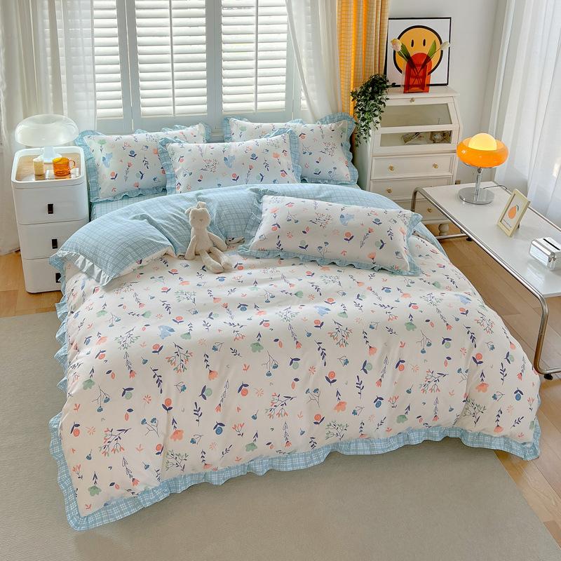 Korean Style Bed Skirt Four-piece Set Pure Cotton Edge Bed Sheet Thickened Plant Cashmere Brushed Skin-friendly Bedding