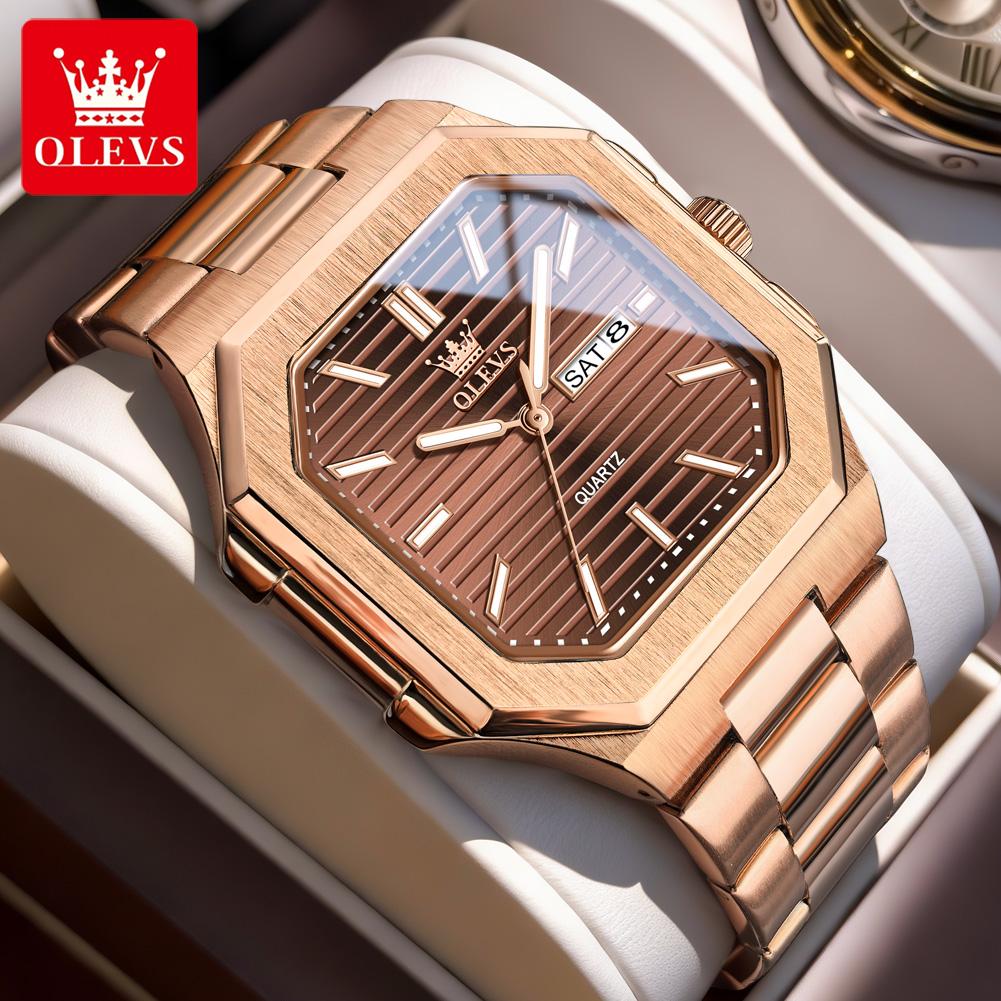 OLEVS Brand Original Square Quartz Watches Men's Classic Fashion Stainless Ssteel Waterproof Luminous Week Date Watch For Men