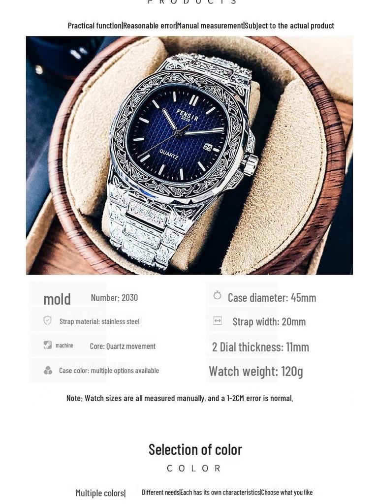 FENSIR Engraved Mesh Men's Retro Calendar Quartz Watch In European and American Style