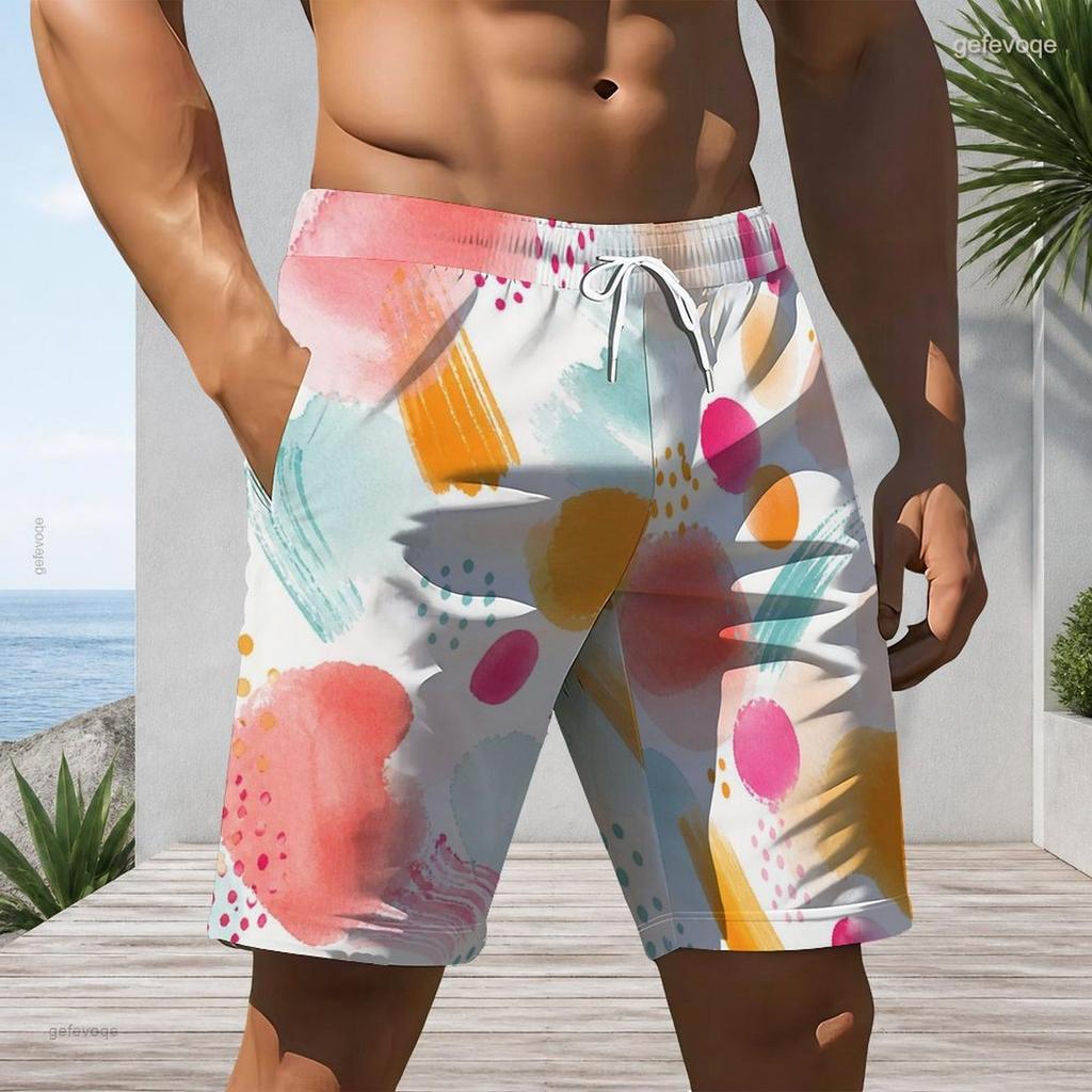 Men s Plus Size Multicolor Printed Beach Shorts Drawstring Waist Side Pockets Straight Leg