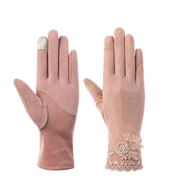 Women's Summer Lace Sunscreen Gloves - Thin, Breathable, Touchscreen, Elastic, Short Ice Silk for Driving and Riding.