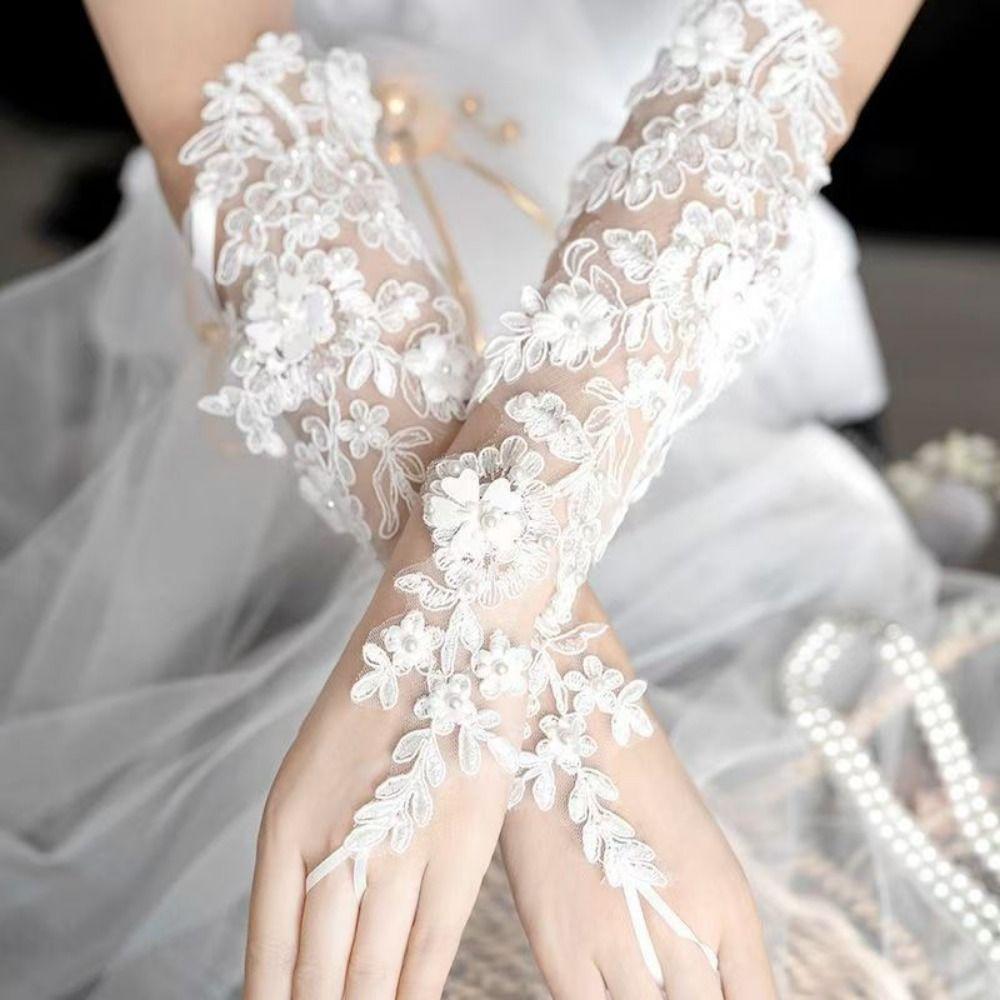 Fashionable Elegant Lace Fingerless Gloves Floral Fingerless Bridal Gloves Pearl Sheer Mesh Wedding Gloves Opera Performance