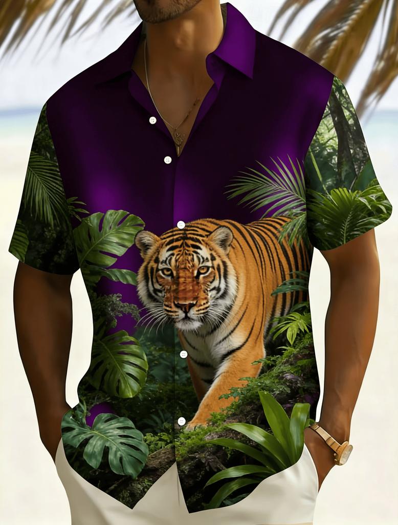 Men's Spring Summer Casual Shirt, Wild Leopard & Palm Leaf Print Short Sleeve Shirt, Hawaiian Style for Beach and Daily Wear