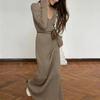 Women's Knitted Dress Elegant V Neck Thick  A-line Dress Brown Long Sleeve Vintage Midi Casual Dresses for Women