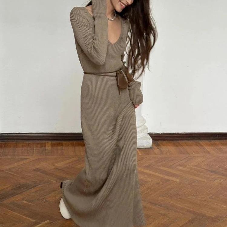 Women's Knitted Dress Elegant V Neck Thick  A-line Dress Brown Long Sleeve Vintage Midi Casual Dresses for Women