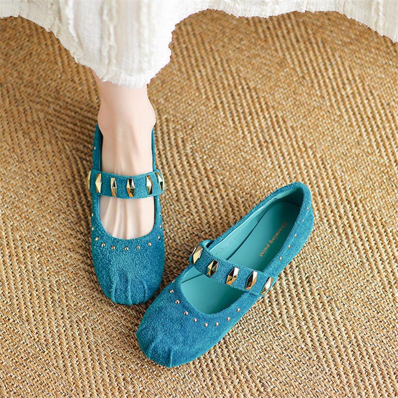 Fashion New Spring/Summer Cow Suede Women Pumps Shoes for Women Fashion Rivet Round Toe Mary Jane Shoes Low Heels Flat Shoes Women