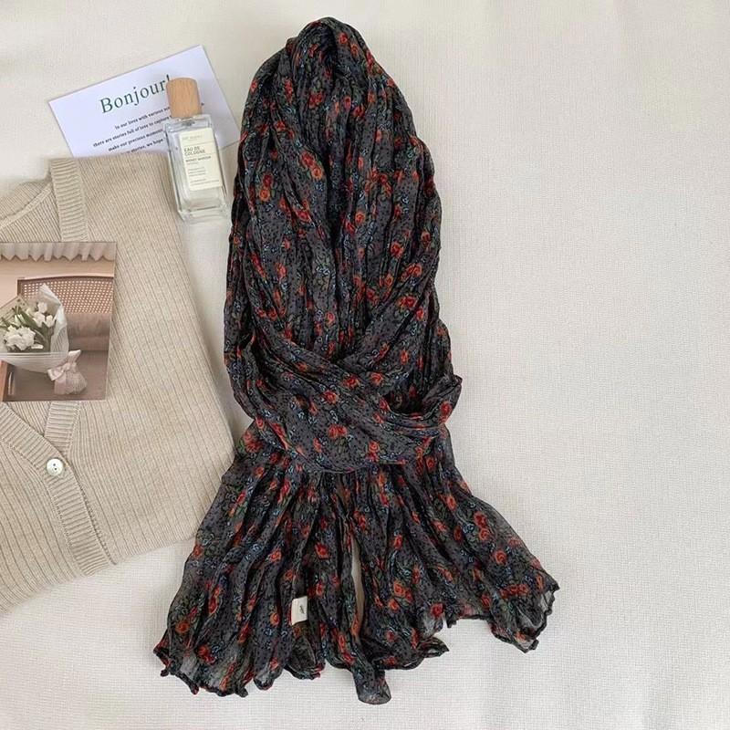 Vintage Cotton and Linen Scarf for Women Autumn and Winter Printed Thin Pleated Scarf Silk Scarf