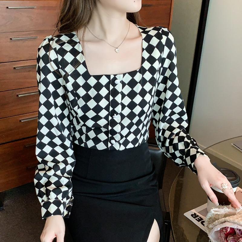 Temperament Square Neck Long Sleeve Retro Casual Shirt Women Fashion Tops Button Up Elegant Loose Blouse for Women Simple Slim Fit Shirts Woman 26350