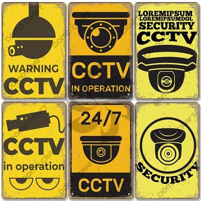 Cartaz de aviso de CFTV retrô Placa de metal Câmera de segurança de vídeo 24 horas Placas de lata de metal Loja Bar Sala de estar Decoração de parede para casa