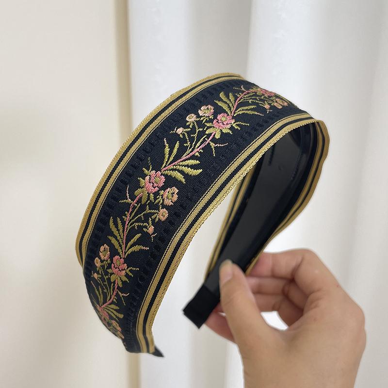 Nieuwe Haarhoep Mode Retro Borduurwerk Haarband Handwerk Bloemen Hoofdband Knoop in het Midden Brede Rand Voor Volwassenen Haaraccessoires zwart
