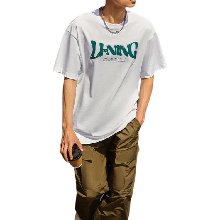 Li Ning Sports Fashion Series Logo Letter Print Round Neck Drop Shoulder Loose Comfortable Short Sleeve T-Shirt Men T-Shirt Standard-White AHSU747-2