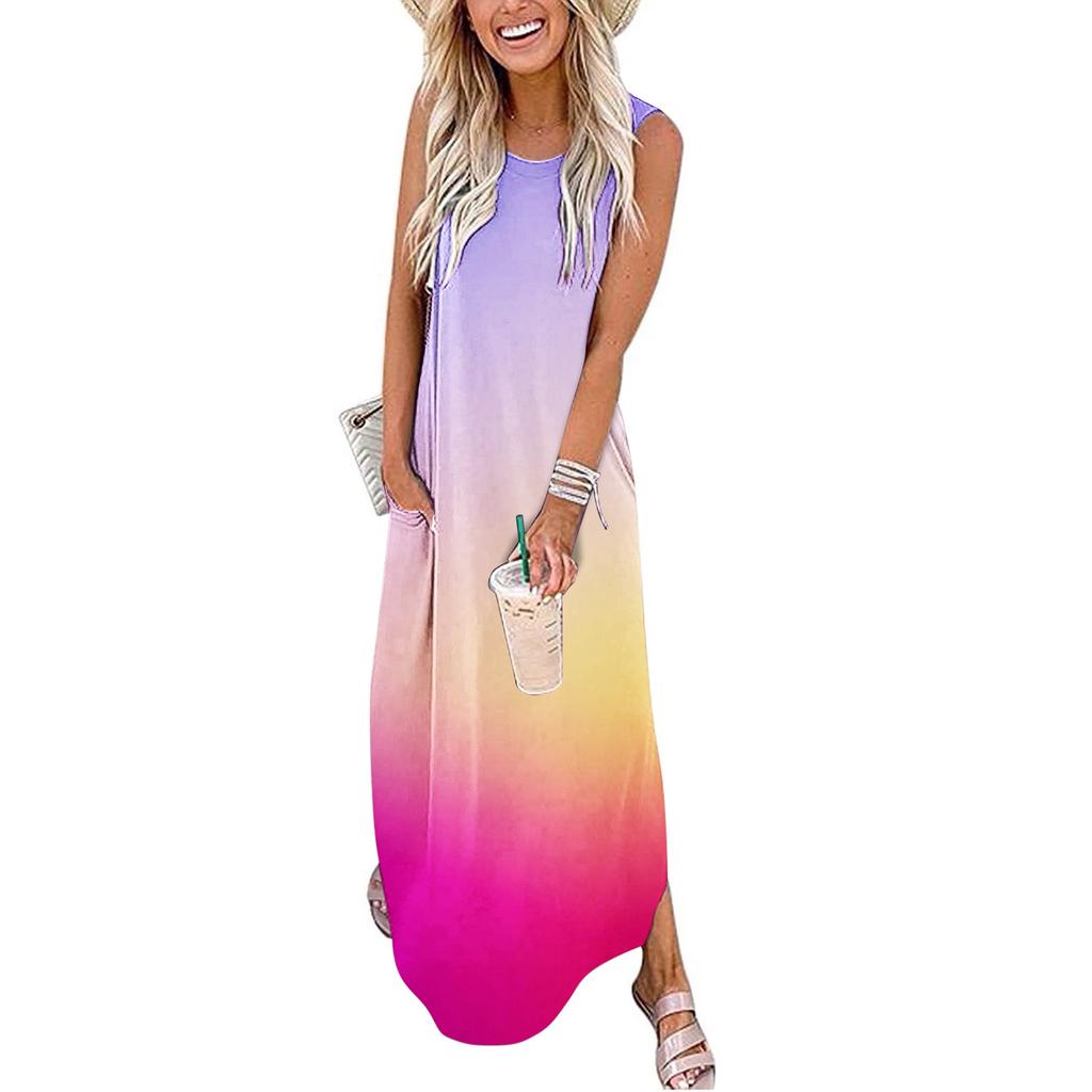 Women's Casual Loose Summer Long Dress Sleeveless Split Maxi Dresses Summer Beach Dress With Pockets