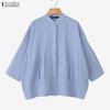 Women Casual Round Neck Solid Color Loose Long Sleeve Cotton Blouse