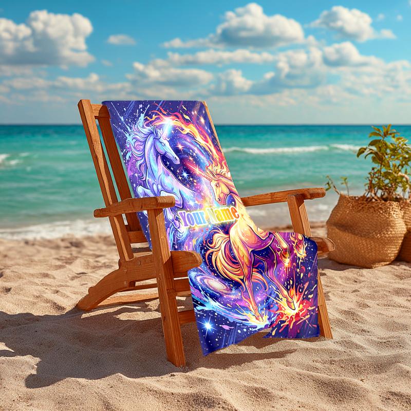 1PC Custom Name Unicorn Galaxy Fusion Beach Towel Highly Absorbent And Sand-Resistant Towel for Swimming, Pool, Yoga, And Travel Lightweight