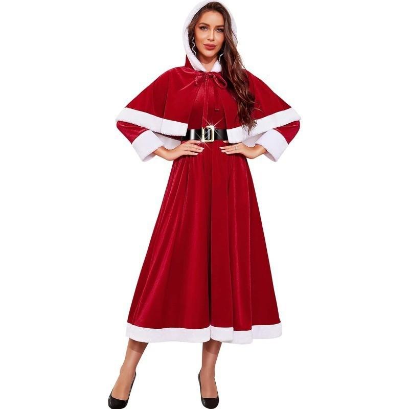 

Christmas-themed women s hooded dress festive party performance dress red and white belt Christmas dress XXXL красный