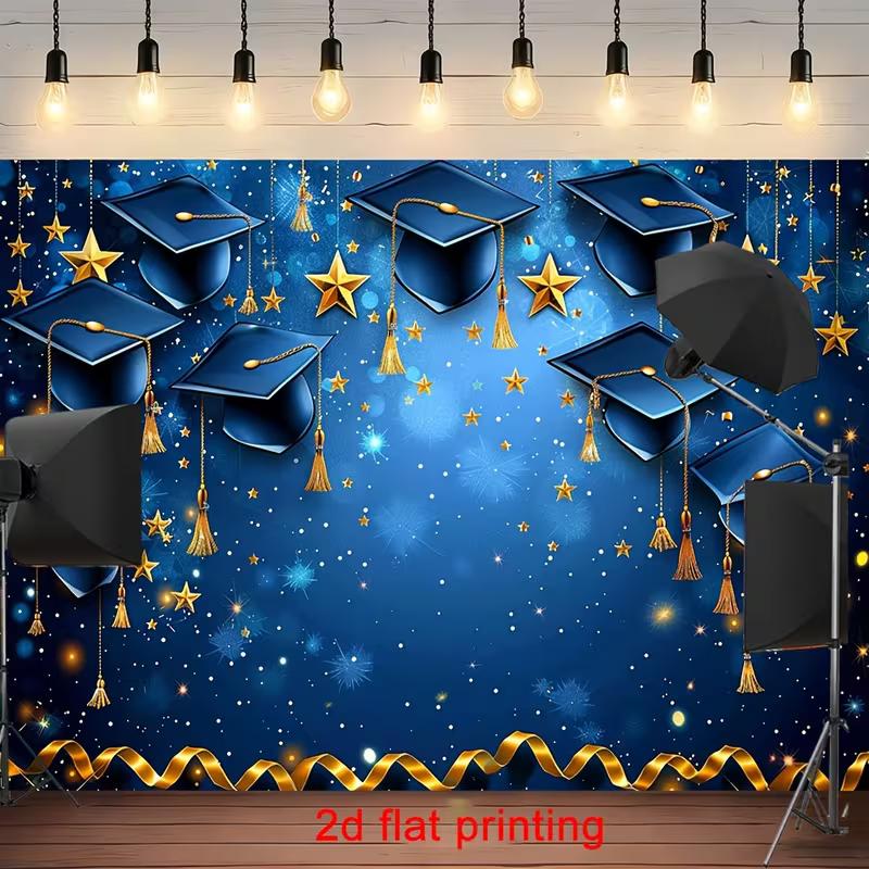 

2D Graduation Cap Backdrop, Starry Blue Sky with Gold Ribbon Background 47.2x31.5inch/120*80cm