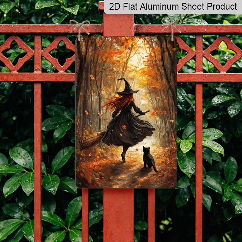 2D Flat Vintage Autumn Forest Witch with Black Cat Aluminum Metal Sign‑8.0x12.0inch Halloween Wall Decor, Witch Broom Fall Maple Leaf Art Plaque