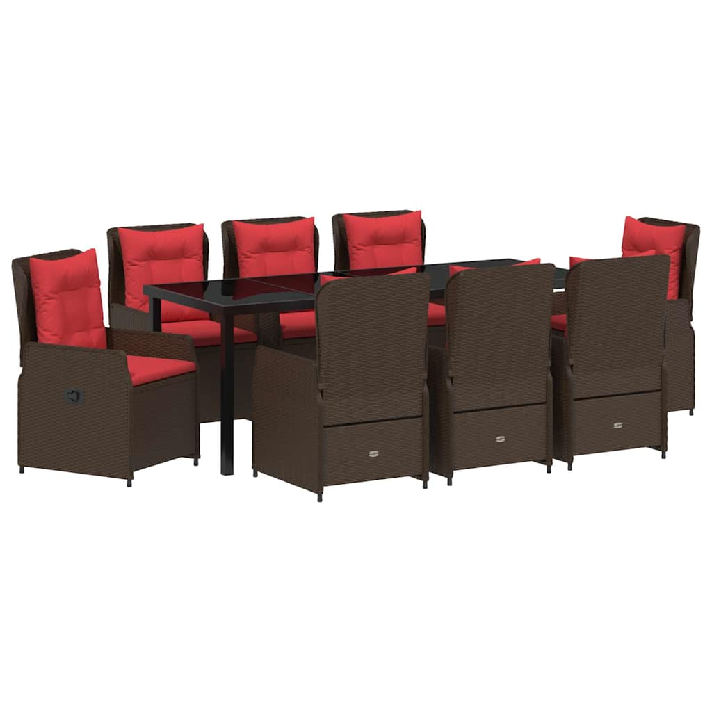 9 Piece Brown Poly Rattan Garden Dining Set with Cushions