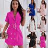 Women Summer Casual Short Sleeve A-Line Dress Solid Color Double Breasted Suit Collar Above Knee Belt High Waist Spring Dresses