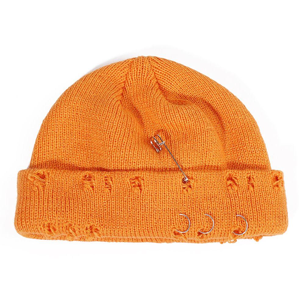 Casual Distressed Hole Female O-Ring Winter With Pins Knitted Hat Beanie Hat Warm Cap Solid Color