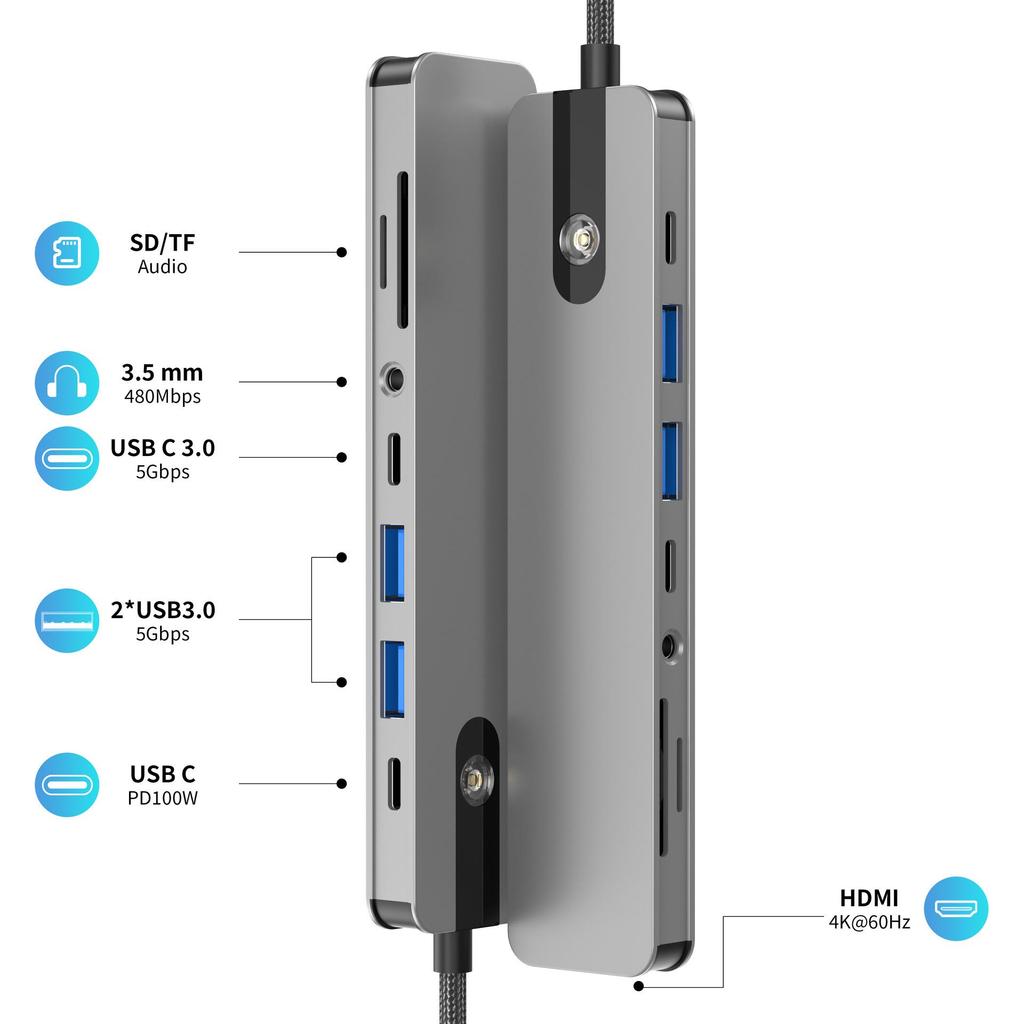 Type-C 8-in-1 Expansion Dock: 4K 60Hz Multi-Function Converter with One-Key Screen Off for Mobile Phones, Tablets, and Computers.