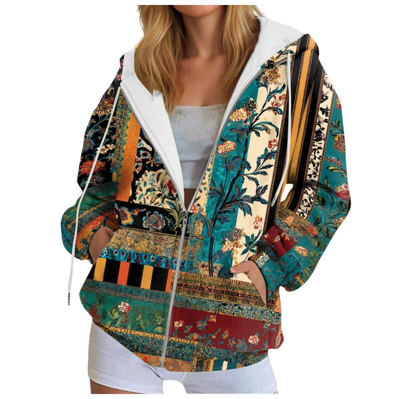 Vintage Printing Oversized Women'S Cardigan Hoodies Jacket Trendy Stylish Hooded Sweatshirt With Pockets Casual Zipper Hoodie