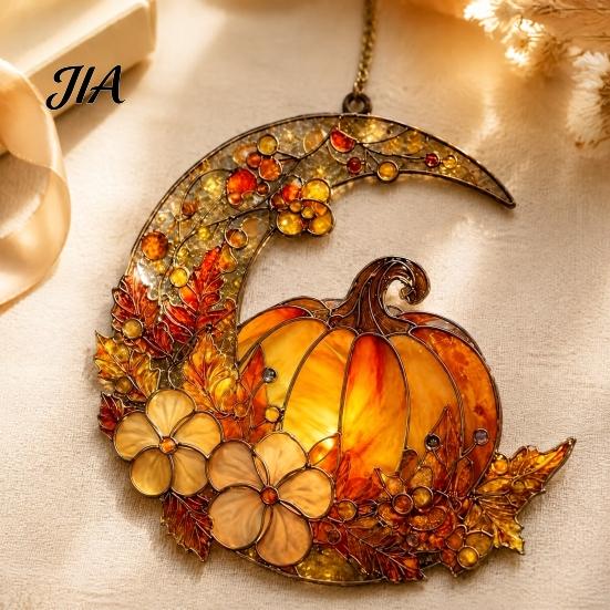 Romantic Autumn Home Wall Decor Stained Glass Pumpkin Moon Suncatcher, Acrylic Crescent Window Hanging with Halloween Thanksgiving Decorative Ornament