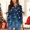 Women's Fashionable Loose-Fit Button-Down Collar Christmas Print Long-Sleeved Top