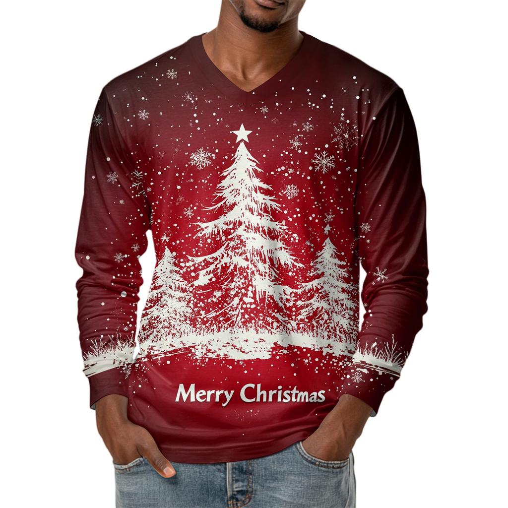 Men's Fashion Printed V-Neck Casual Long-Sleeved T-Shirt Bottoming Shirt Top