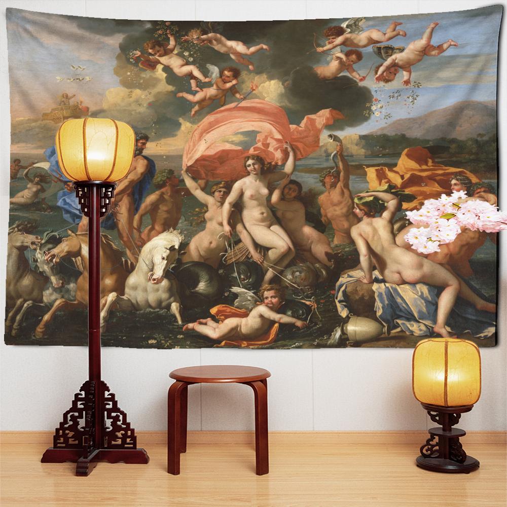 Engel und Schönheit, nebliges Ölgemälde, Wandteppich, Wandbehang, Boho, Hippie-Kunst, Ästhetik, Zimmer, Schlafzimmer, Wanddekoration