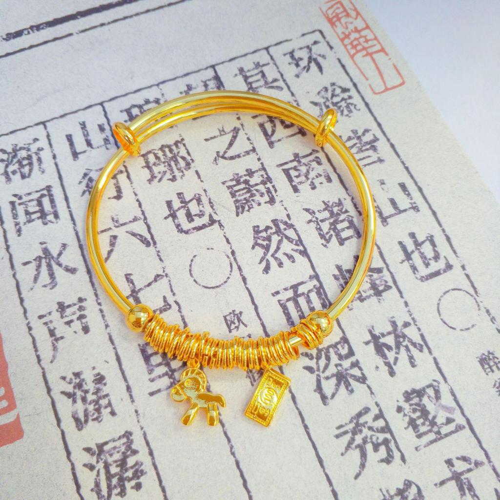 Ping An Xi Le Push-Pull Bangle: Women's Imitation Vietnamese Sand Gold Bracelet with Solid Core.