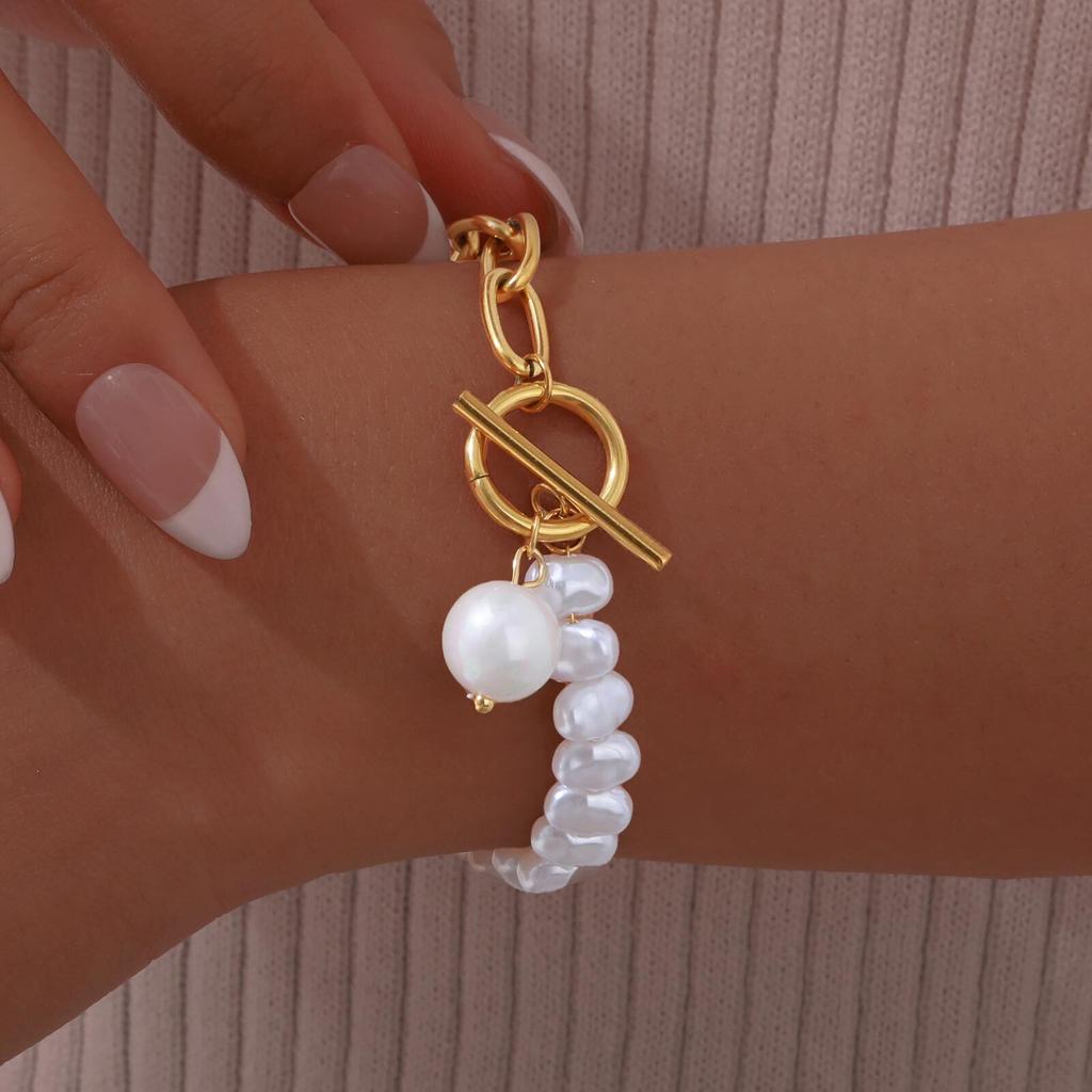 Vnox Pearl Pendent Bracelets For Women,Trendy Jewelry Stainless Steel Gold Color Chain Bracelet,Suitable Gifts To Her