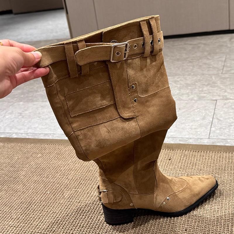 Cowhide version of long boots for women but over the knee autumn and winter new thick heel thin pointed belt buckle pleated pile boots