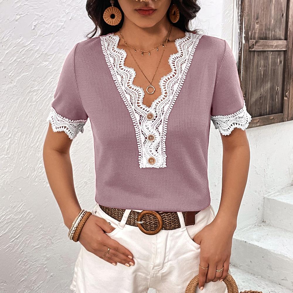 

Однотонный лоскутный топ с полым кружевом вафельной вязки с V-образным вырезом для женщин рубашка XL светло-фиолетовый