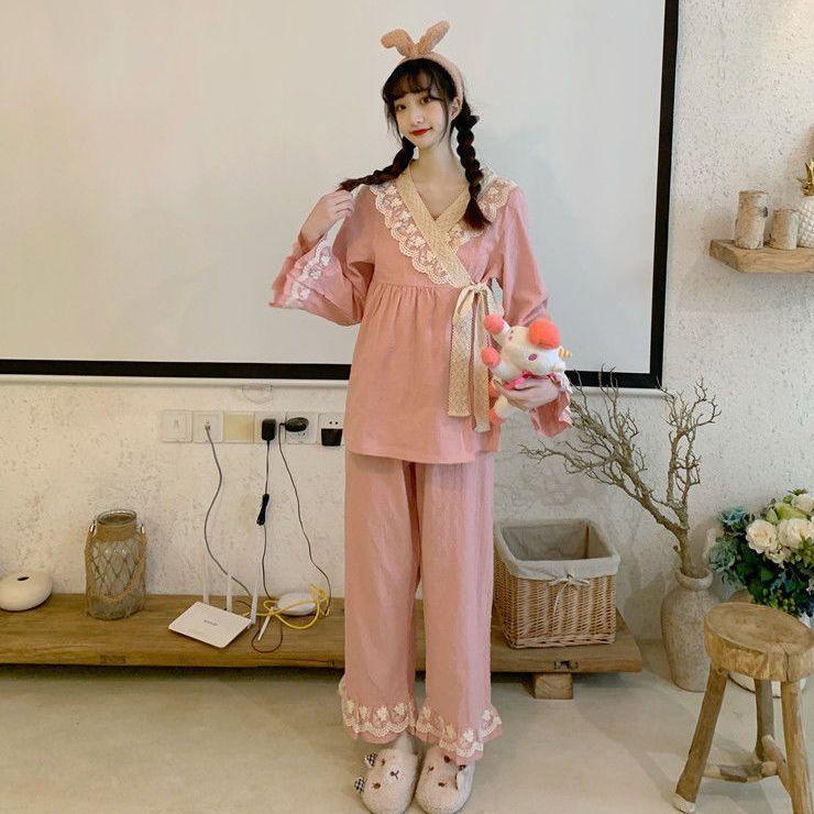 

Японское кимоно, пижама, женская одежда для отдыха на весну и осень, кружевной V-образный вырез, милая принцесса, верхняя одежда, домашняя одежда, комплект из 2 предметов 2XL розовый