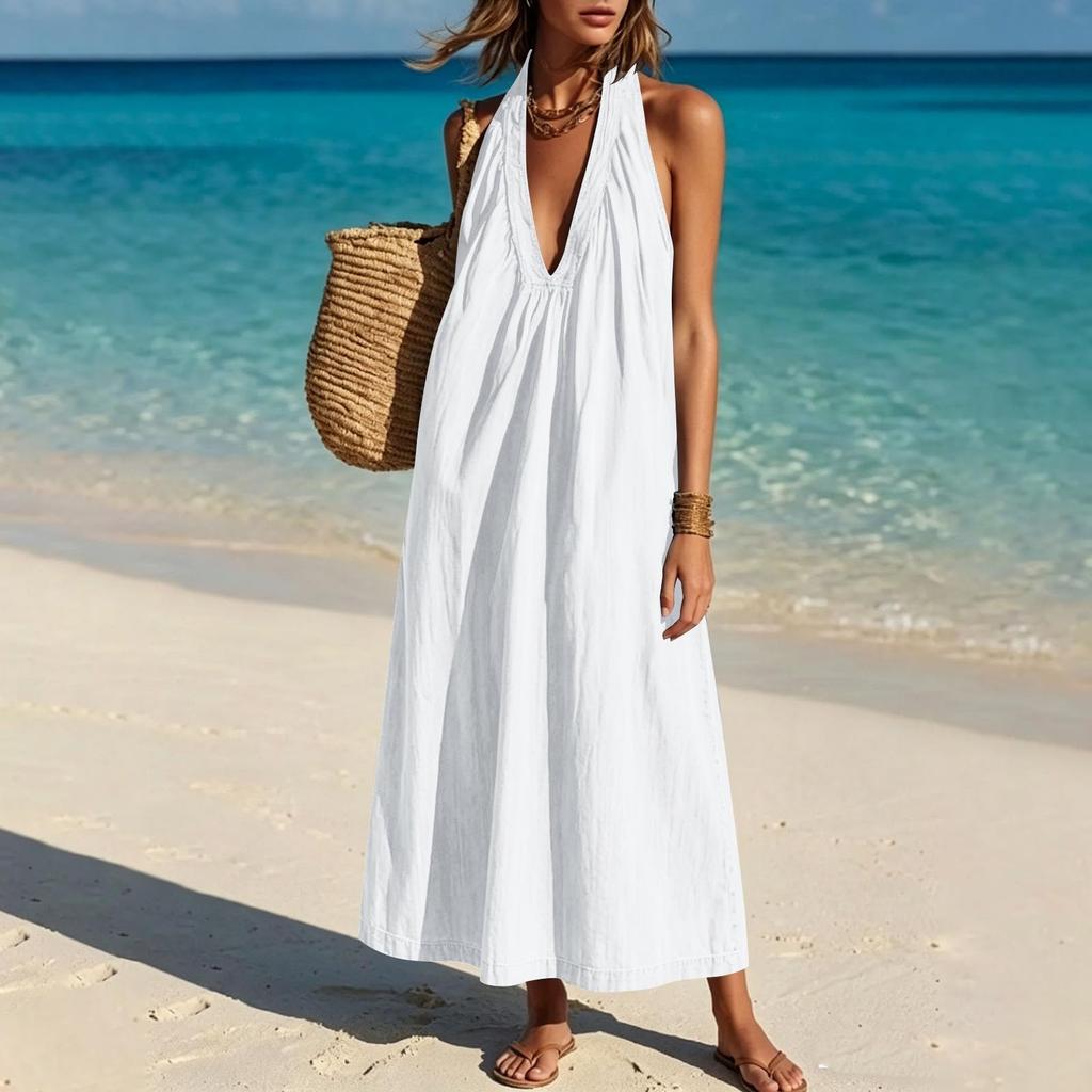 Women's Fashion Sleeveless V Neck Backless Casual Loose Fit Long Dress Summer Beachwear Maxi Dress