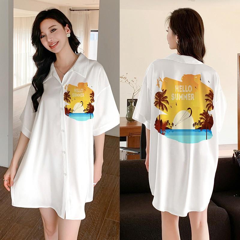 Ropa de Dormir Cómoda de Verano para Mujer Botones Delanteros Seda de Hielo Ropa para el Hogar Suelta Casual Estampada para Descansar