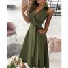 VEZFAA Women's Fashion Summer Spring Solid Color Print Sleeveless POLO Neck Middle Waistline Casual Dresses
