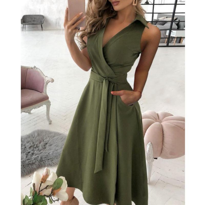 VEZFAA Women's Fashion Summer Spring Solid Color Print Sleeveless POLO Neck Middle Waistline Casual Dresses