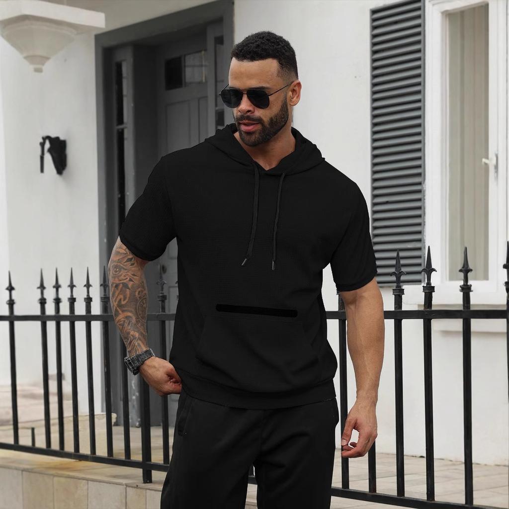 T-shirt casual con cappuccio a maniche corte da uomo, estate nuova europea e americana, tinta unita, top da uomo, t-shirt pesante