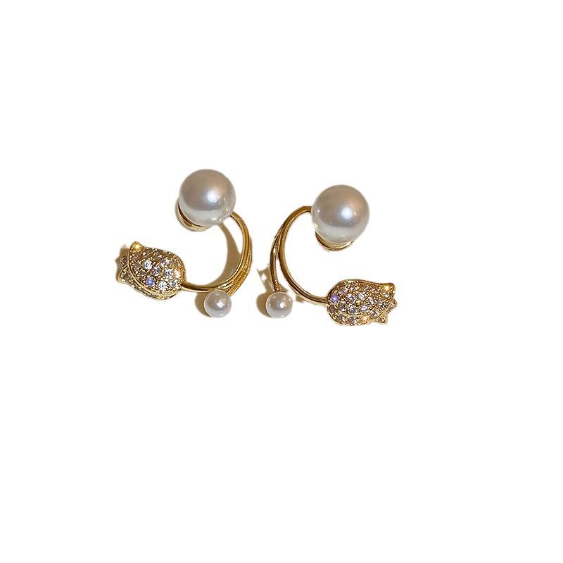 Korean Style Pearl & Diamond Tulip Flower Stud Earrings with S925 Silver Needle