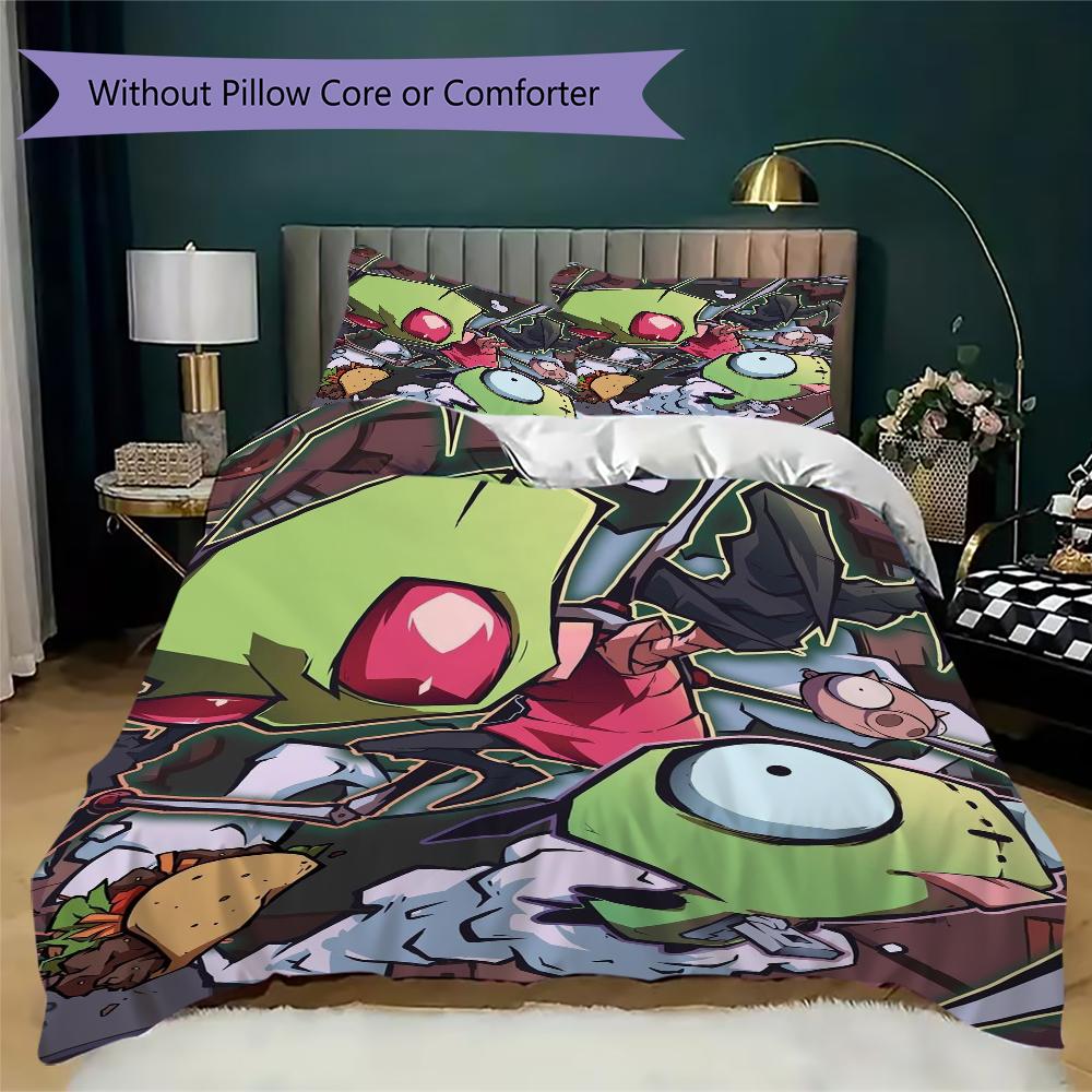 Invader Zim Pattern Bedding,Quilt Set Quilt Cover Pillowcase Home Birthday Gift(1 * duvet cover + 2 * pillowcase, without core)_lx