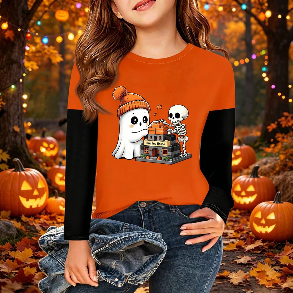 Children's Halloween Printed Long Sleeve Round Neck Casual Base Layer Shirt for Boys and Girls