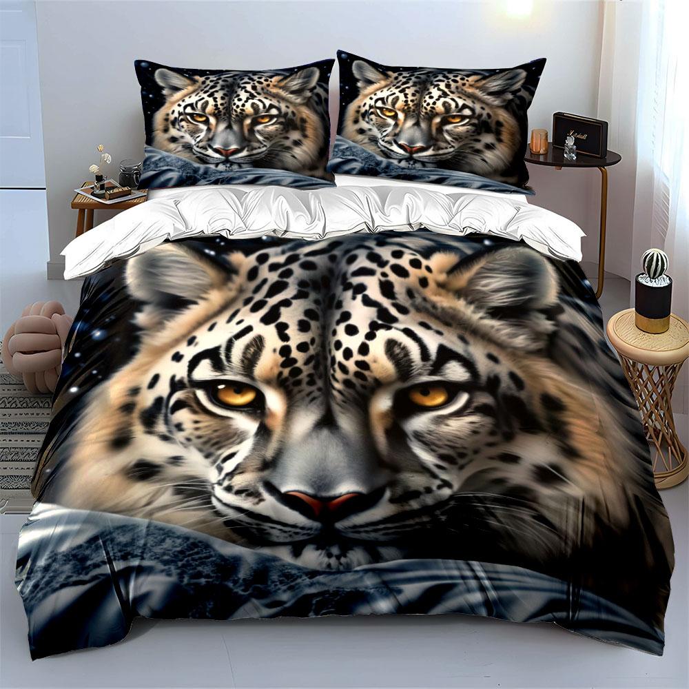 Realistic Starry Snow Leopard Animal print Bedding Set 3pcsSoft Skin-Friendly Bedding Set Includes 1 Duvet Cover 2 Pillowcase