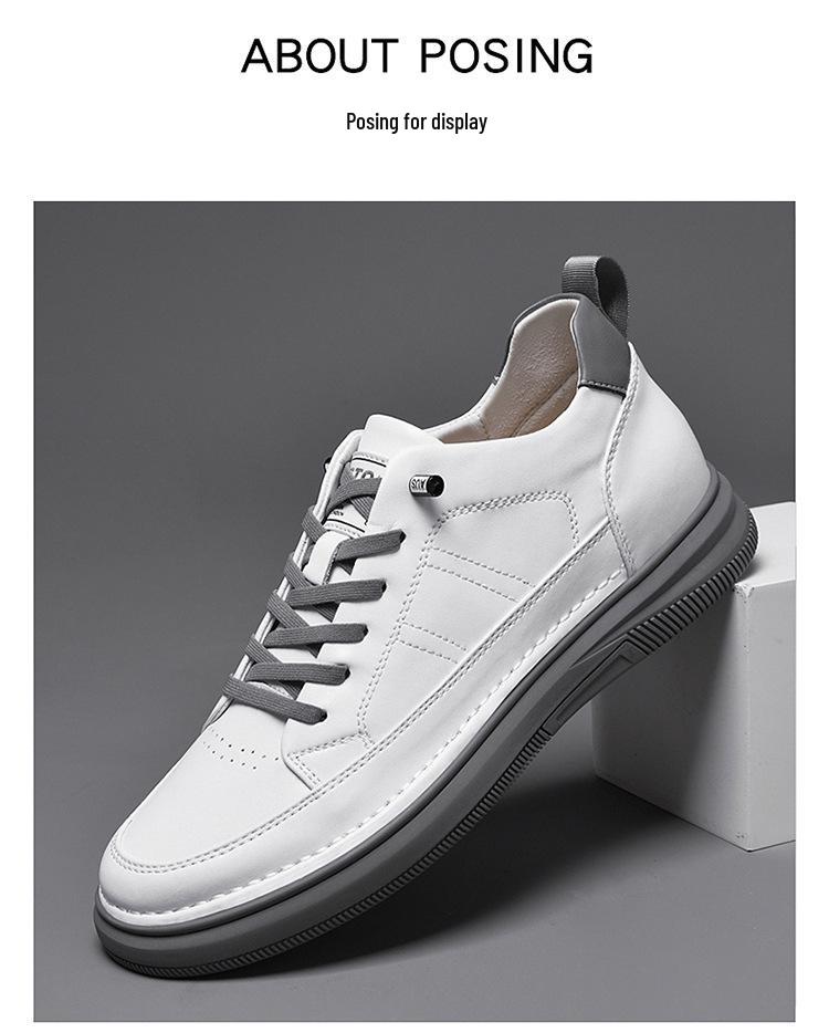 Men's Height-Increasing Platform Sneakers - Thick Sole, Cowhide White, Low-Top, Casual Sports Shoes for Spring