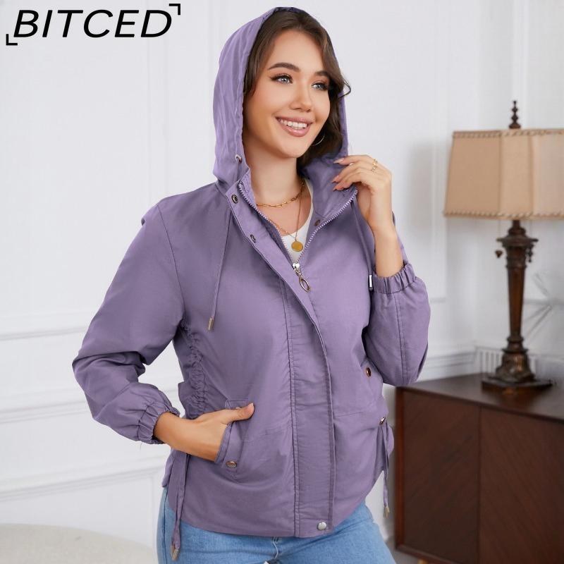 BITCED Spring/Autumn Casual Trench Coat for Women Loose-Fit Windproof Jacket with Hood Long-Sleeved Windbreaker
