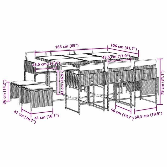 VidaXL Garden Dining Set with Cushions 11 Pcs, Table and Chairs with Foldable Backrest, Outdoor Furniture Patio 3211335