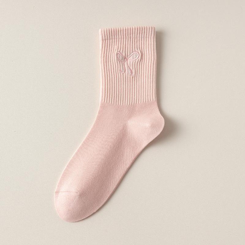 5/10 Pairs Comfortable Casual Embroidered Bow Socks for Women Solid Color Moisture Wicking Breathable Mid Calf Socks Spring Autumn Long Cotton Socks