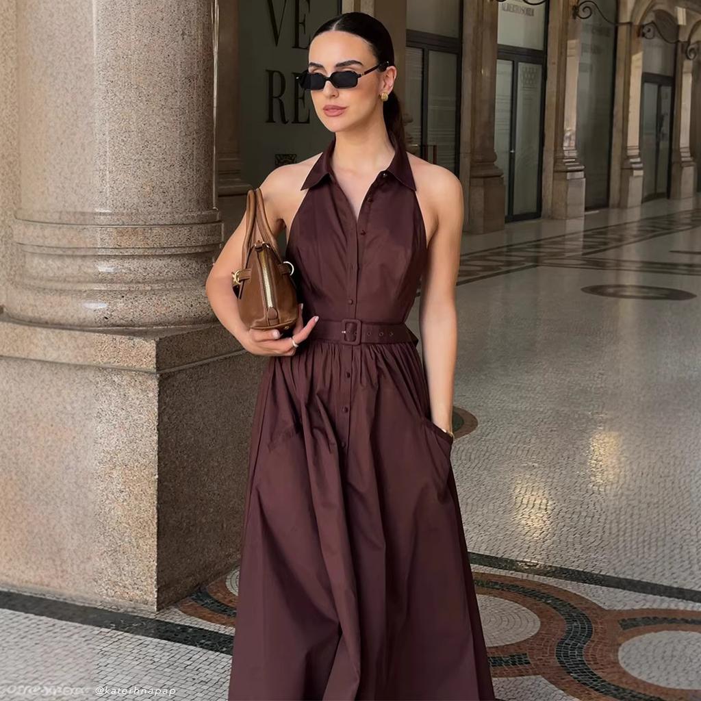 Dress European and American spring and summer new temperament commuter lapel off shoulder backless long neck dress