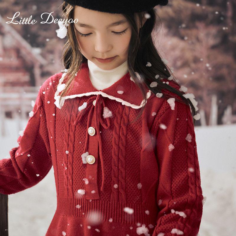Sangluo Girls' Knit Woolen Dress - 2025 Autumn/Winter Red New Year Outfit